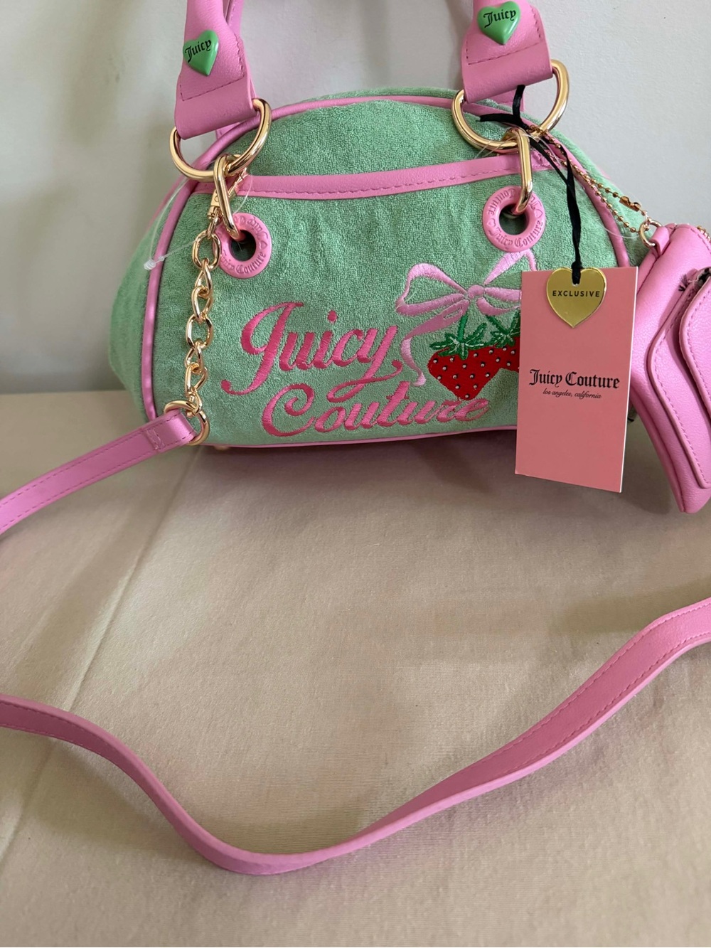 Juicy Couture Pink & Green Strawberry Embroidered Crossbody Bag